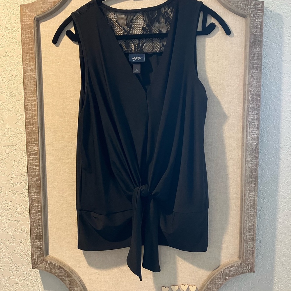 Buckle, Black Sleeveless Top with Tie Front